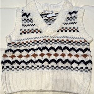 Zara Fair Isle V-Neck Sweater Vest in White, Black, and Brown NWT